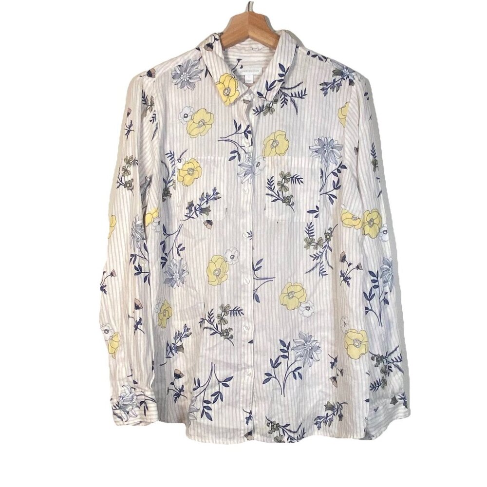 Charter Club Blue Yellow Floral Linen Button Down Shirt Size L Lagenlook Cottage - Picture 2 of 10